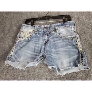 Rock Revival Emmitt Slim Denim Shorts Embellished Pockets Frayed Hem Women Sz 32